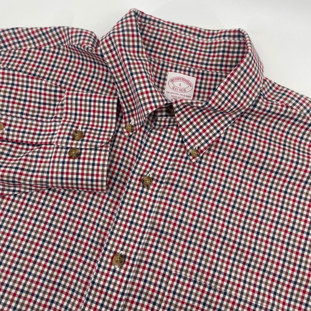 Brooks Brothers Shirt Mens L Red Navy Tattersall Non-Iron Regular Button Down